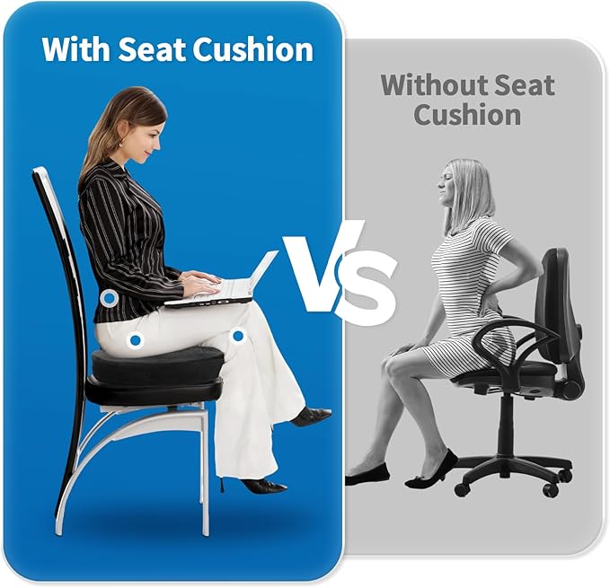Memory Foam Seat Cushion for Sciatica Pain Relief, Posture Corrector for Office Chair, Car Seat & Wheelchair, Breathable Suede Cover with Non-Slip Bottom & Carrying Handle, Washable, Black