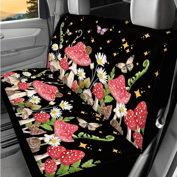 Dngkaoje Mushroom Car Accessories Full Set for Women Interior Seat Protector 13 Pcs Flower Mushroom Car Seat Covers Set for Front Rear Split Bench Cushion Pads,Trash Bin,Handbrake Shift Covers