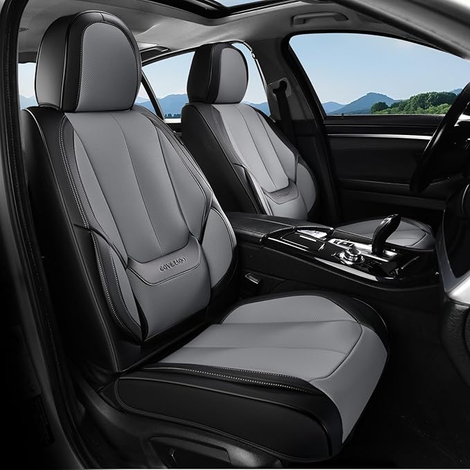 Coverado Seat Covers, Car Seat Covers Full Set, Leather Seat Covers for Cars, Car Seat Protector, Black Car Seat Covers Front Seats and Back Seats Universal Fit for Most Cars Gray