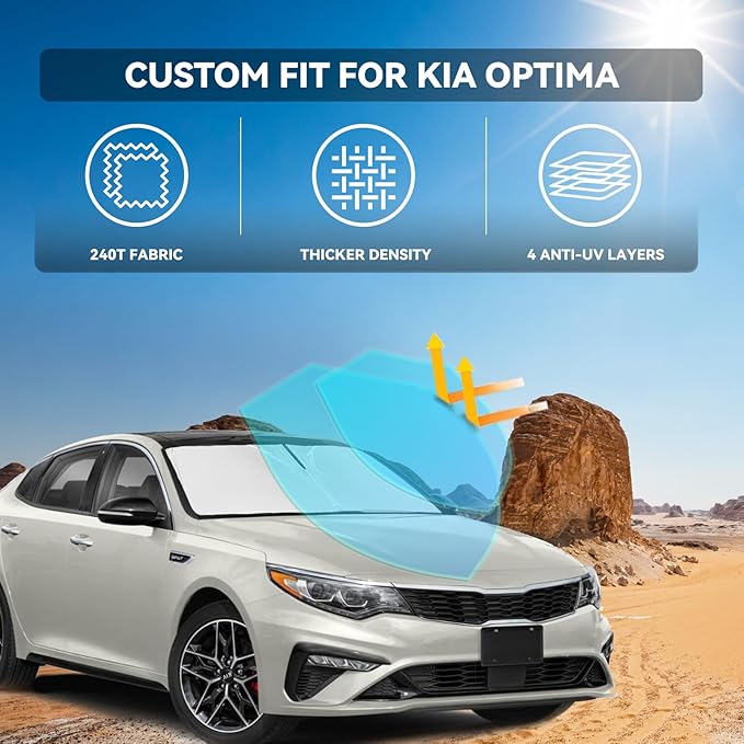 for KIA Optima 2016-2020 Windshield Sun Shade - 4 Layers Car Sunshades for Front Windows Shade Cover Custom Fit Optima Sun Visor 240T Retractable Shade Blocks UV Rays Car Accessories