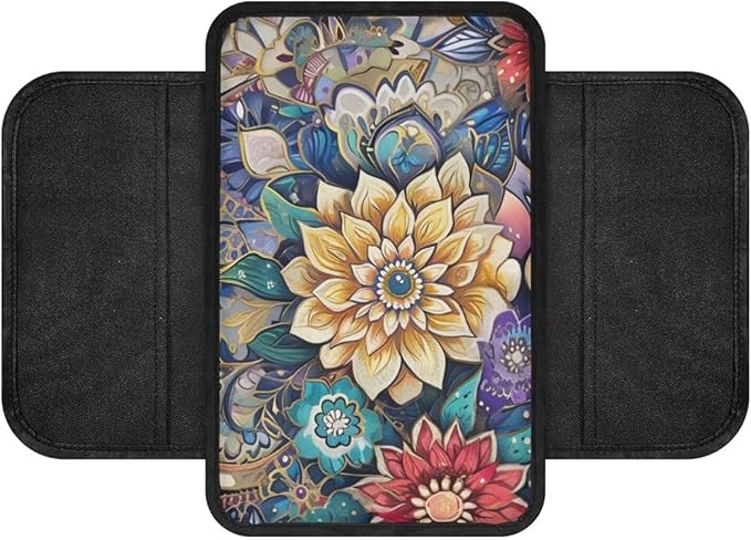 BIGCARJOB Car Center Console Cover Blossom Lotus Print Armrest Cover for Car Center Console with Side Storage Portable Middle Console Cover Auto Center Console Organizer Bag