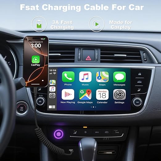 Eettvekd Coiled Car Carplay Charger Fast Charging，[2-Pack, 3Ft] Retractable Braid USB A to USB C Cable for iPhone 17/16/15/Plus/Pro Max/MacBook Pro, Type-C Cord,Black