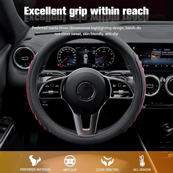 HZEL Car Steering Wheel Cover, 14.5-15" Breathable Vehicle Steering Wheel Protector with Anti-Slip Lining, Comfortable Auto Interior Decoration Accessories, Universal for Truck SUV Sedan (Red)