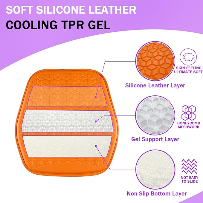 Thin Gel Seat Cushion for Car Seat, Office Chair, Wheelchair, Golf Cart - Non-Slip Car Seat Cushions with 0.7 Inch Gel - Sciatica & Coccyx Pain Relief (Leather, Orange)