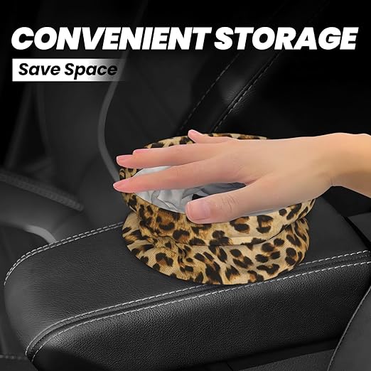 KXWQTRDD Car Garbage Bag Brown Leopard Mini Car Trash Bin Portable Collapsible Waterproof Rubbish Bag for Car Accessories Back Front Seat Cup Holder