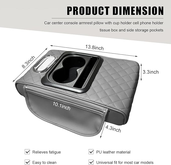 Car Center Console Armrest Pillow, Leather Arm Rest Cover Pad with 2 Storage Pockets Cup Holder & Phone Slot, Soft Middle Console Cushion Protector for Most Vehicles (Gray, Embroidered)