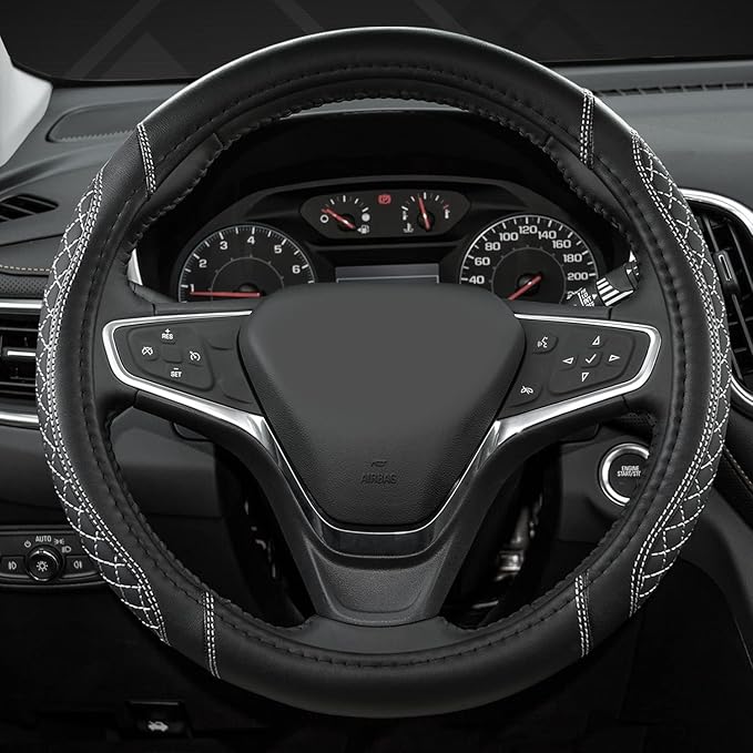 West Llama Customized Auto Car Steering Wheel Cover for Chevy Silverado,Tahoe,Equinox,Traverse,Trailblazer,Colorado(Diamond Quilted-Black+Gray-Standard Size)