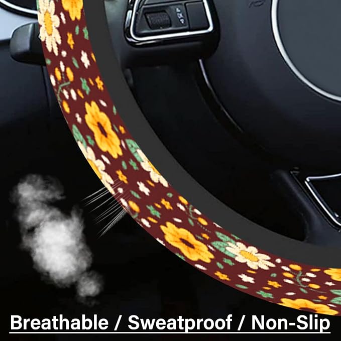 Car Steering Wheel Cover for Women Men, Non-Slip Breathable Cute Steering Wheel, Yellow Daisies Steering Wheel Protector, Car Accessories, Universal 14" 02/2-15" Fit Auto, Suvs