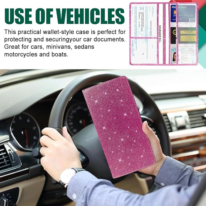 Vehicle Glove Box Car Organizer, Car Registration and Insurance Holder, Insurance Card Holder for Cars, Leather Card Holder Interior Auto Accessories for Women (Glitter-Red)