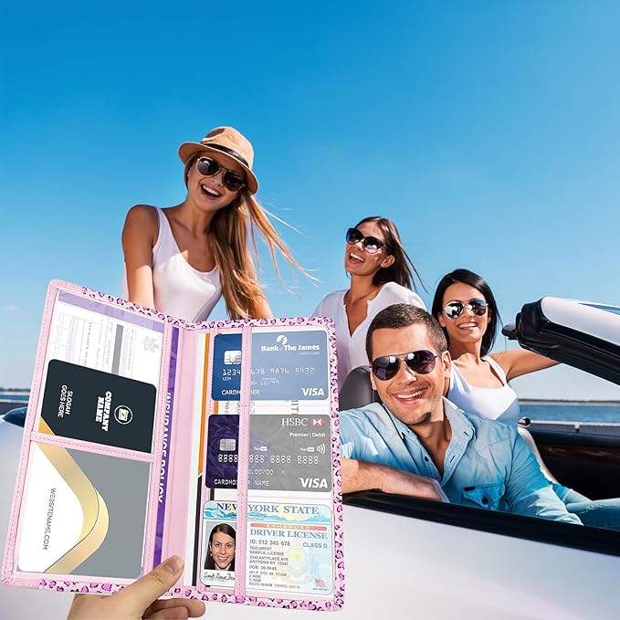 FinestHouse Car Registration and Insurance Holder with Magnetic Closure, Universal Document Organizer for License, Insurance Cards & Glove Box Storage (Leopard-Pink)