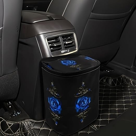 5L Large Capacity Multipurpose Trash Bin for Van Car Trash Can with Lid Trash Bag Hanging with Storage Pockets Leak-Proof SUV Organizer Collapsible and Portable Truck Garbage Bin (Deep Blue Rose)