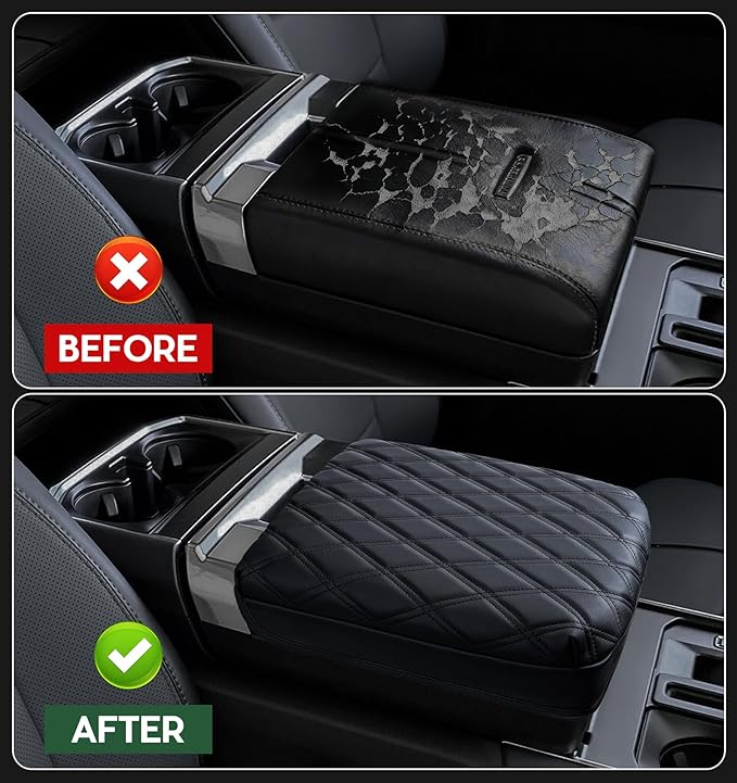 Center Console Cover for 2023 2024 2025 Ford F250 F350 F450 F550 Super Duty, PU Leather Armrest Box Cover, Truck Interior Accessories with Hidden Pockets (Fits Bucket Seat Console Only)