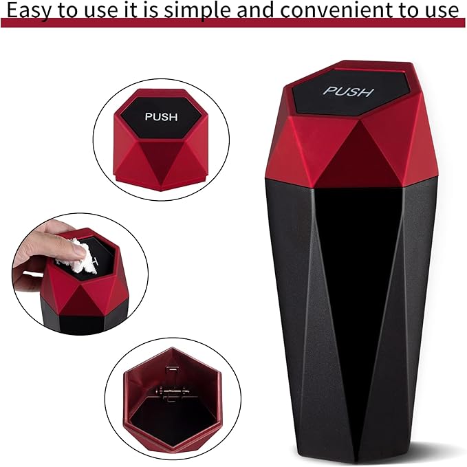 JUSTTOP Car Trash Can with Lid, Mini Diamond Design Portable Trash Can, Plastic Material and Multipurpose Organizers for Car,Home,Office(Red)