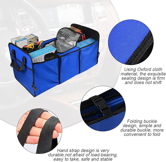 Trunk Organizer, Large Capacity Cargo Storage with Insulation Cooler, Foldable for Cars, Vehicles, SUVs, Trucks, Automotive Interior Organizer (Blue)