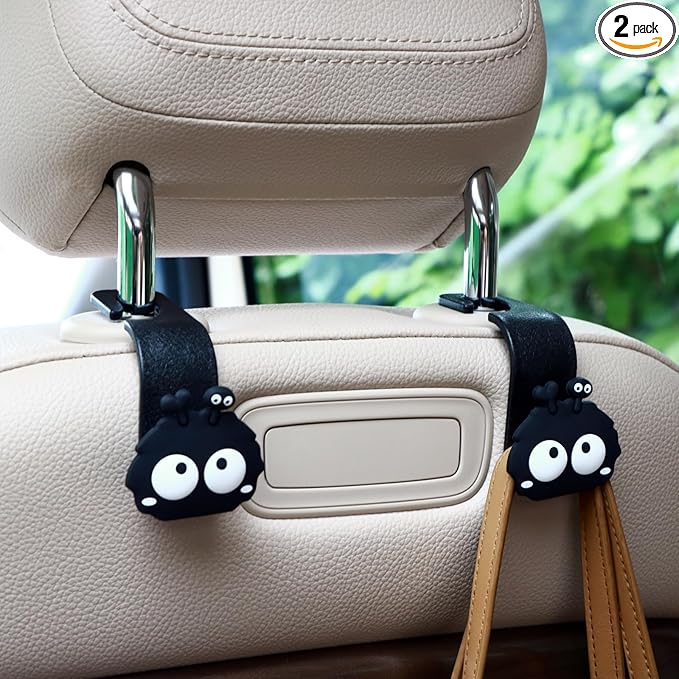 Car Seat Headrest Hook Soot Sprite Plush Auto Hooks for Purses and Bags, Cute Car Accessories, Universal Vehicle Storage Organizer, 2pcs (Sprite-Ear)