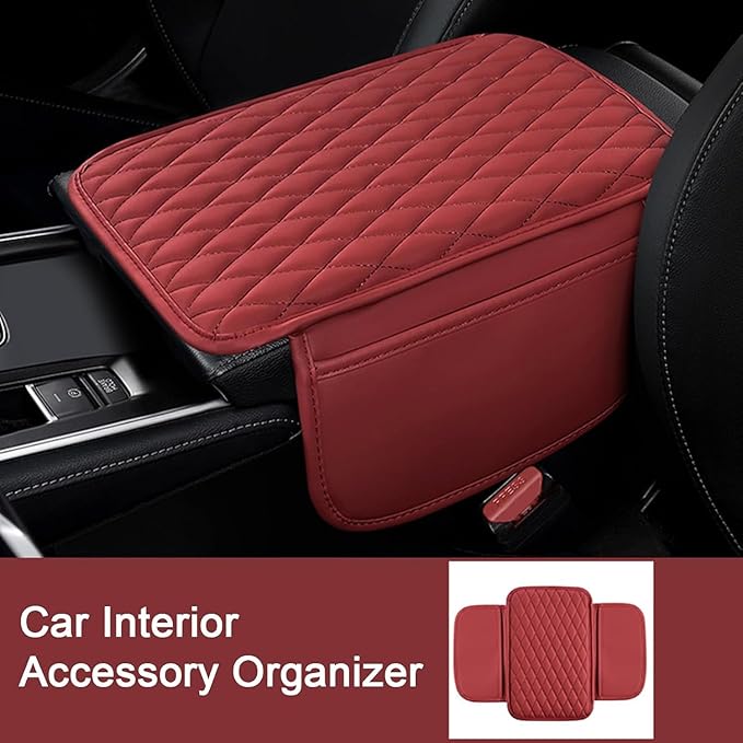 Rneswi Car Armrest Cover Leather Car Console Covers Box Pad with Pocket and Tissue Box Arm Rest Cover for Car for SUV Truck Sedan Vehicle (Thin-bark)