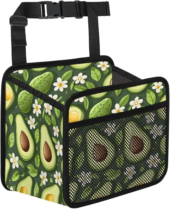 Green Avocado Flower Car Backseat Organizer PU Leather Automotive Back Seat Storage Bag Universal Hanging Garbage Box Travel Accessories Foldable
