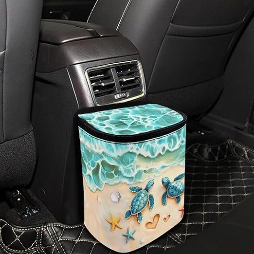 KEIAHUAN Beach Theme Sea Turtle Hanging Car Trach Can for Back Seat Automotive Garbage Container Bin Large Capacity Portable Grocery Organizer Bag with Lid for Snacks, Drinks, and widget