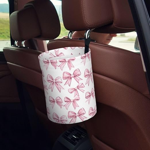 Pink Ribbon Bow Car Trash Can Leak-Proof Waterproof Hanging Trash Bin Collapsible Garbage Can for Car Accessories Travelling Camping