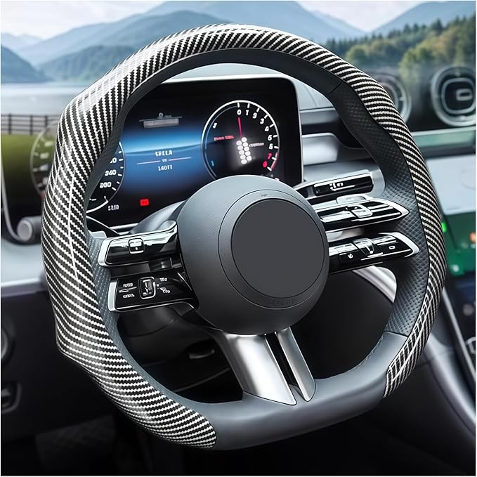 Carbon Fiber Car Steering Wheel Cover, Leather Non-Slip Vehicle Steering Wheel Cover for 14.5-15 Inch, Comfortable Auto Interior Protector Decoration Accessories, Universal Fit(Silver)