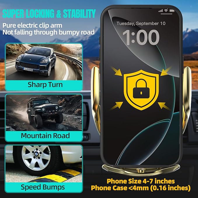 Wireless Car Charger, MAX 15W Fast Charging Auto Clamping, Sensing Phone Holder Mount, fit for iPhone 16 15 14 13 12 Pro Max Xs X, Samsung Galaxy S24 Ultra S23 S22 S21 S20 Note20 (5-Golden)