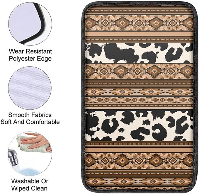 Browm Cow Aztec Auto Center Console Armrest Pad Dustproof Car Center Console Cover Seat Box Cover Cushion Aztec Car Accessories Decor for Sedan, Van, SUV, Truck