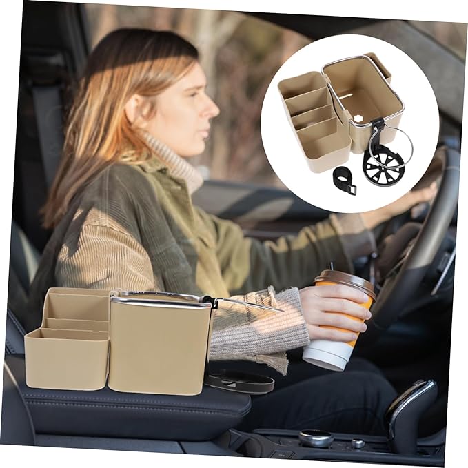 Multipurpose Car Armrest Storage Box Center Console Organizer with Cup Holder Beige Easy Slide Design for Interior Convenient for Sundries Storage