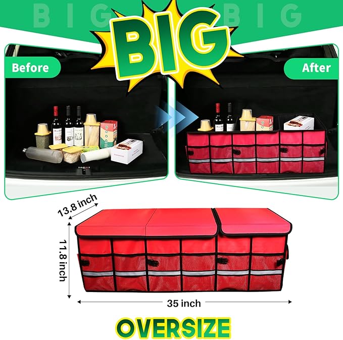 LI LIBZAKI Big Car Trunk Organizer, Cargo Organizer SUV Trunk Storage Non Slip Bottom Waterproof Collapsible Durable Multi Compartments-(Oversize,Red)