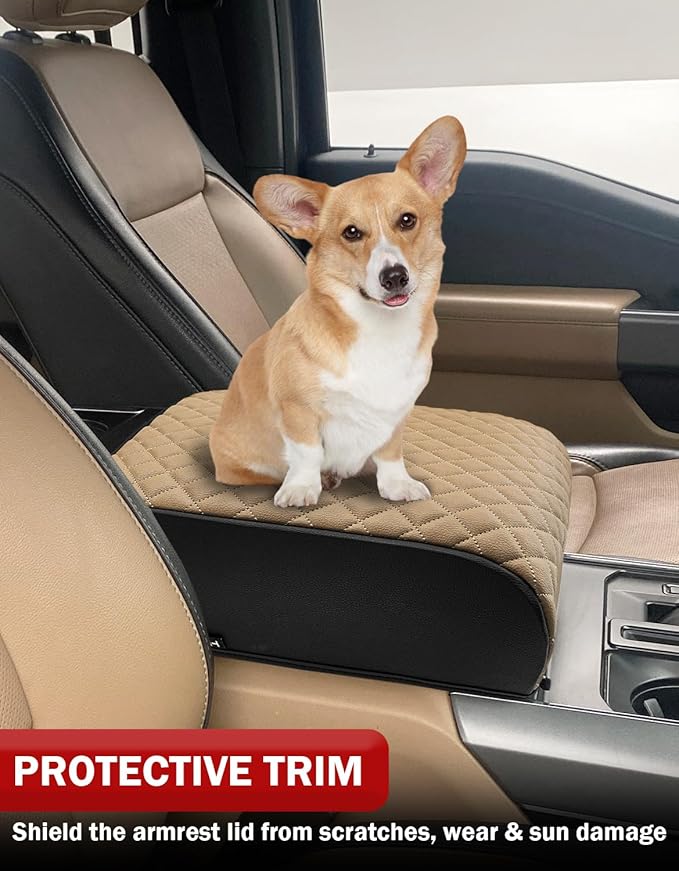 KBH Center Console Armrest Cover for 2021-2026 Ford F150, PU Leather, Middle Console Lid Protector, Arm Rest Cushion Thick Pad, Baja Tan (Fits Bucket Seat Console Only)