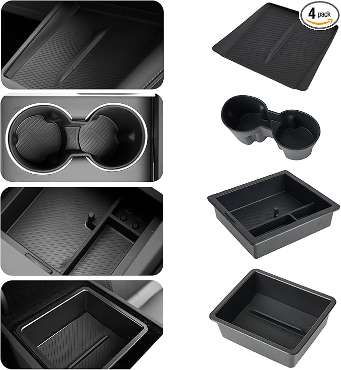 DORENA 4PCS Center Console Organizer Tray for Tesla Model 3 Highland 2024 2025 Accessories Cup Holder Inserts, Armrest Storage Box, Center Console, Wireless Charging Pad Silicone Mat Black