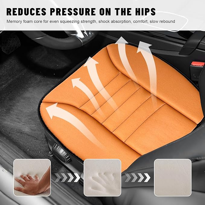 Sun Walker Car Seat Cushion, 1.2" Thick Memory Foam Auto Seat Protector Pressure Relief Pad, Nonslip Bottom Mat Comfort Driving Seats Cover for Truck SUV Sedan, Car Accessories (Orange)