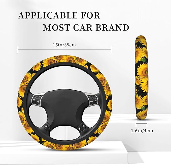 Sunflower Neoprene Steering Wheel Cover for Men Women Anti-Slip Elastic Steering Wheel Protective Cover 15in Universal Car Accessories Fit Cars, SUVs, Auto