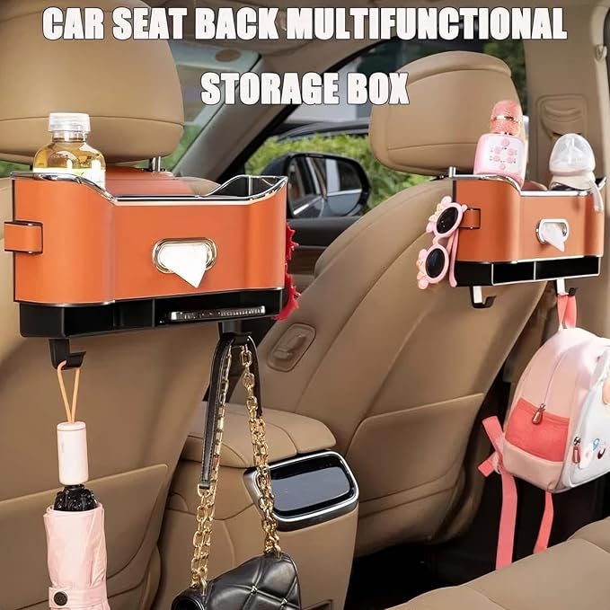 Multifunctional Car Backseat Organizer with Cup Holder, Tissue Box, Trash Bin & Hooks, 3-in-1 Back Seat Car Organizer for Hold Phones, Snacks, Drinks, and Handbags (Original Model - Off-White)