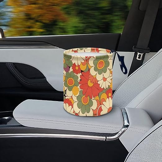 Brosoneto Colorful Groovy Flower Print Portable Car Garbage Bin Reusable Collapsible Hanging Portable Dustbin Bin Waste Basket Car Accessories Interior for Car SUV Trucks Universal