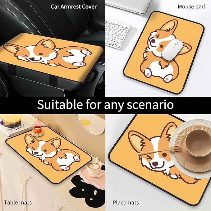 Car Center Console Cover, Universal Soft Large Neoprene Auto Armrest Seat Box Cover, Funny Car Decor Accessories Fit for Most Cars, Vehicles, SUVs Cute Yellow Corgi Dog