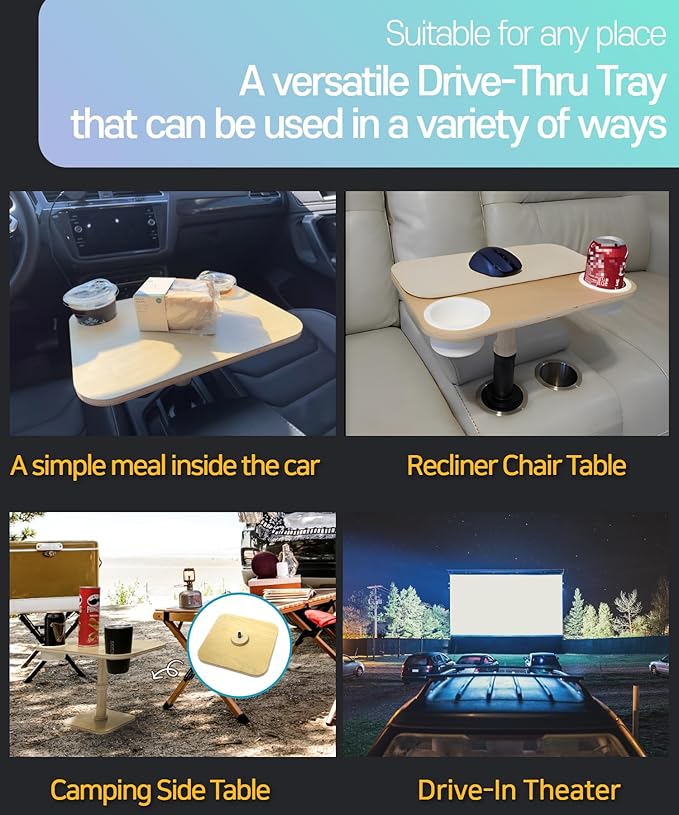 2-in-1 Drive-Thru Tray: Car Food Tray, Wood Car Trays for Eating in Parked Car, Car Desk for Laptop, Car Cup Holder Tray for Road Trip, Taxi, RVs, Truck Drivers
