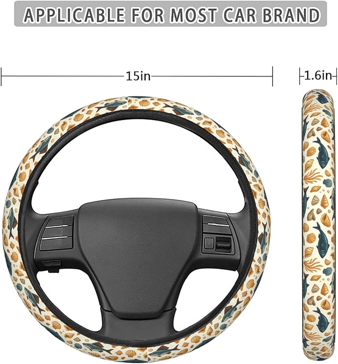 FeHuew Vintage Fish Gold Shells Steering Wheel Cover for Women, Girls 15 inch Universal Auto Car Anti Slip Wrap Steering Wheel Covers Fit for Vehicles, Truck, SUV
