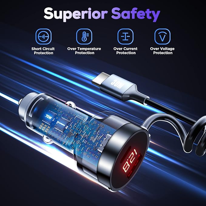 Car Charger USB C, 75W Metal 3-Port Super Fast Car Charger Adapter PD & QC3.0 Built-in 6ft Type C Coiled Cable for Samsung Galaxy S22/21 iPhone iPad Pro Pixel Android Phones