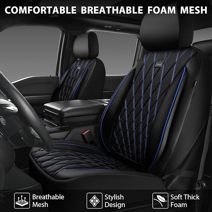 CAR PASS Thick Foam 3D Air Mesh Leather Car Seat Covers Front Seats Only, Breathable Premuim Leather Two Front Seat Cover, Airbag Compatible Universal Fit for Most Sedan Van Truck SUV,Black and Blue