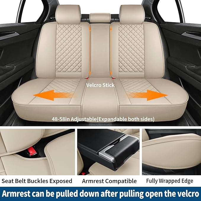 hoozoom Leather Car Seat Covers Full Set Breathable Automotive Seat Covers Waterproof Seat Protectors Universal Fit for Most Automotive Cars SUV Trucks Van (Beige, Full Set)