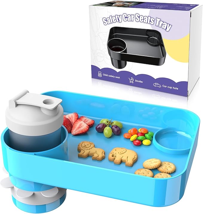 Car Seat Snack Tray for Kids, Square Car Seat Cup Holder Snack Tray with Adjustable Base, Durable CarSeat Tray for Toddlers, Universal Fit for Tesla, Safety Seats, Car Center Consoles (Sky Blue)