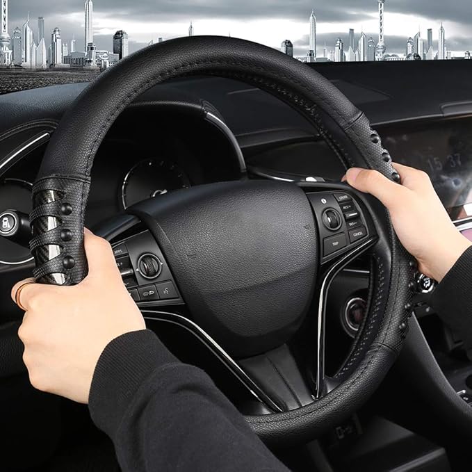 West Llama Microfiber Leather Car Steering Wheel Cover for Men Women,Universal Fit 14.5-15 inch(Leather Nails-Black-Standard Size)