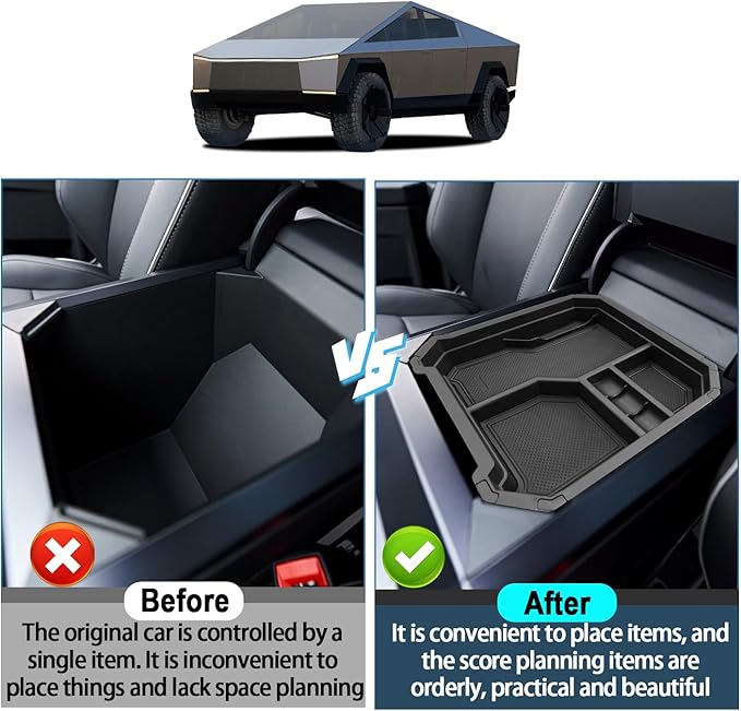 Ruiya 2024-2026 Cybertruck Center Console Organizer for Tesla Cybertruck Accessories ABS Material Double Layer Armrest Console Organizer Compatible with 2024 2025 2026 Tesla Cybertruck