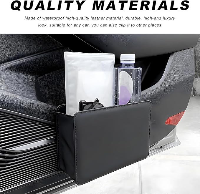 Car Trash Can, Leather Mini Dustbin Auto Storage Container with One Roll Trash Bag, Waterproof Foldable Garbage Organizer Interior Hanging Bag for Most Vehicles, Car Accessories (Black)