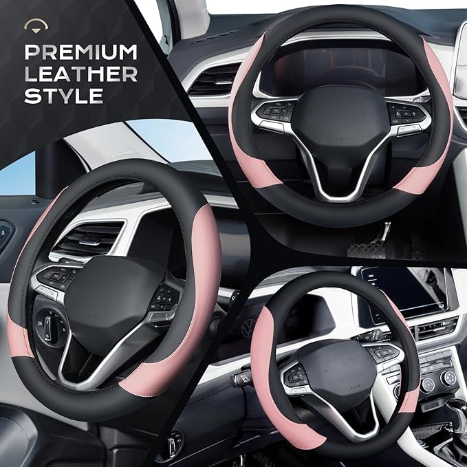 Coverado Car Steering Wheel Cover, Nappa Leather Black & Pink Steering Wheel Covers for Women, Universal 14-15 inch, Anti-Slip, Breathable Steering Wheel Protector