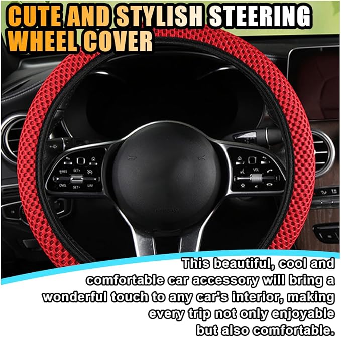 Stretch Elastic Steering Wheel Cover, All-Season Comfort, Warm in Winter & Cool in Summer, Universal 15 Inch Microfiber Breathable Ice Silk, Anti-Slip, Odorless, Easy Carry, Fit Car, SUV (Red)