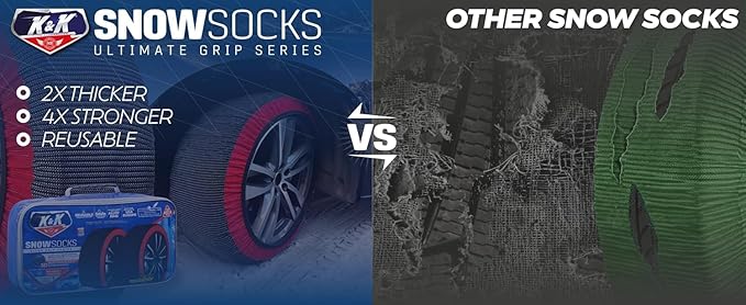 K&K Auto Snow Socks for Tires – Pro Series for Ultimate Grip Approved Snow Chain Alternative Traction Device – Tire Sock for Car SUV Van Minivan – Winter Travel Accessory Emergency Kit – XL (2pcs)