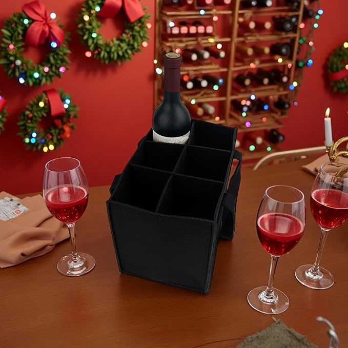 6 Bottle Wine Carrier with Divider Felt Wine Storage Tote Bag, Portable Reusable Wine Travel Bag with Handle for Christmas Travel Camping Picnic Party(black)