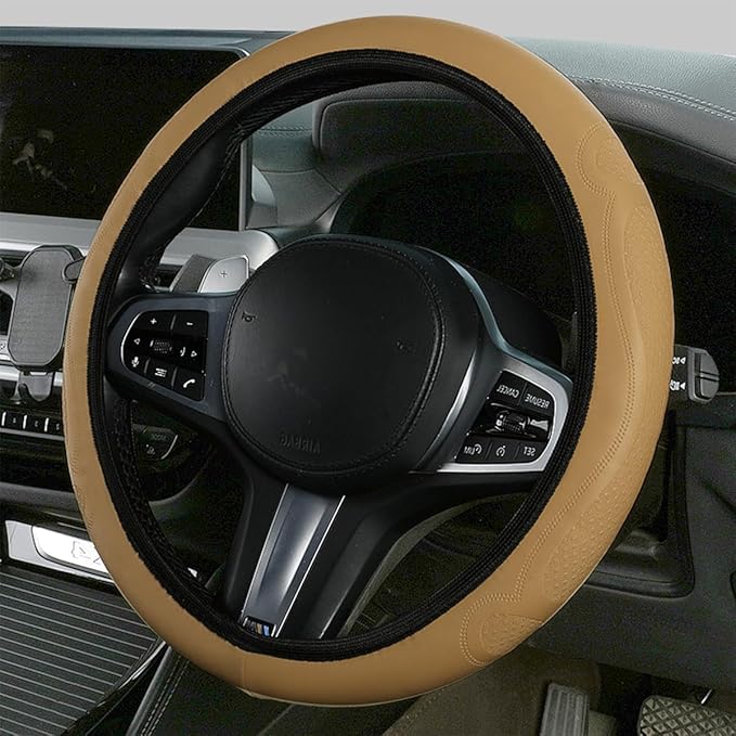 Car Steering Wheel Cover, 15 Inch Leather Soft Elastic Stretch Anti Slip Auto Steering Wheel Wrap Guard, Breathable Vehicle Interior Accessories, Universal for SUV RV Truck (Beige)