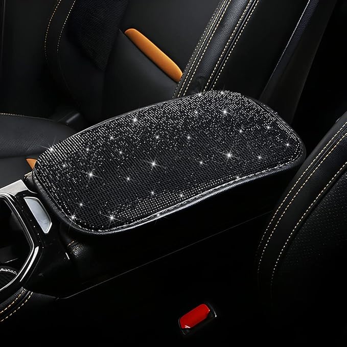 Moly Magnolia Bling Center Console Cover, Diamond Fashion ArmRest Pad, Crystal Soft Arm Rest Protective Cushion, Car Accessories for Women Girls, 11.8"×8.5" for Most of Vehicles, SUVs, Trucks (Black)